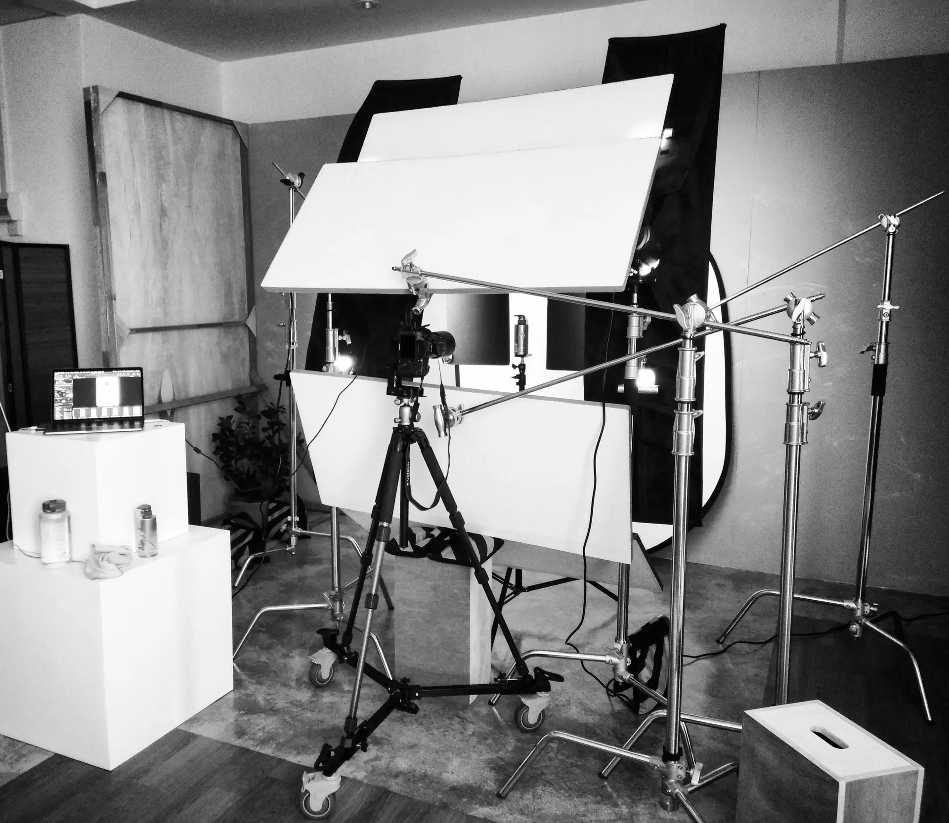 Still life product photography setup with lighting equipment